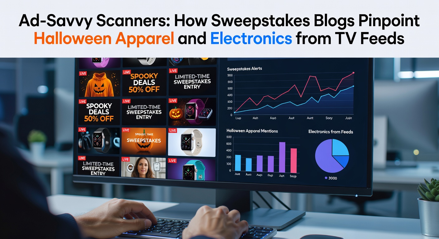 A digital dashboard displaying TV ad scans highlighting sweepstakes codes for Halloween costumes and gadgets