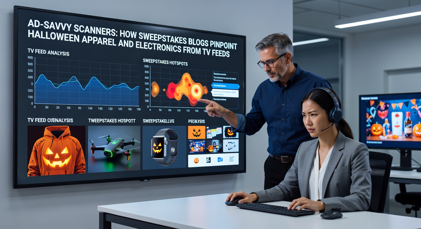 Close-up of a TV screen showing a Halloween sweepstakes ad for costumes and LED lights, wth overlaid scanning highlights