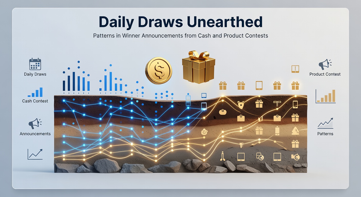 Graphic showing a calendar with highlighted winner announcement dates and icons for cash prizes and product giveaways, illustrating patterns in daily sweepstakes results