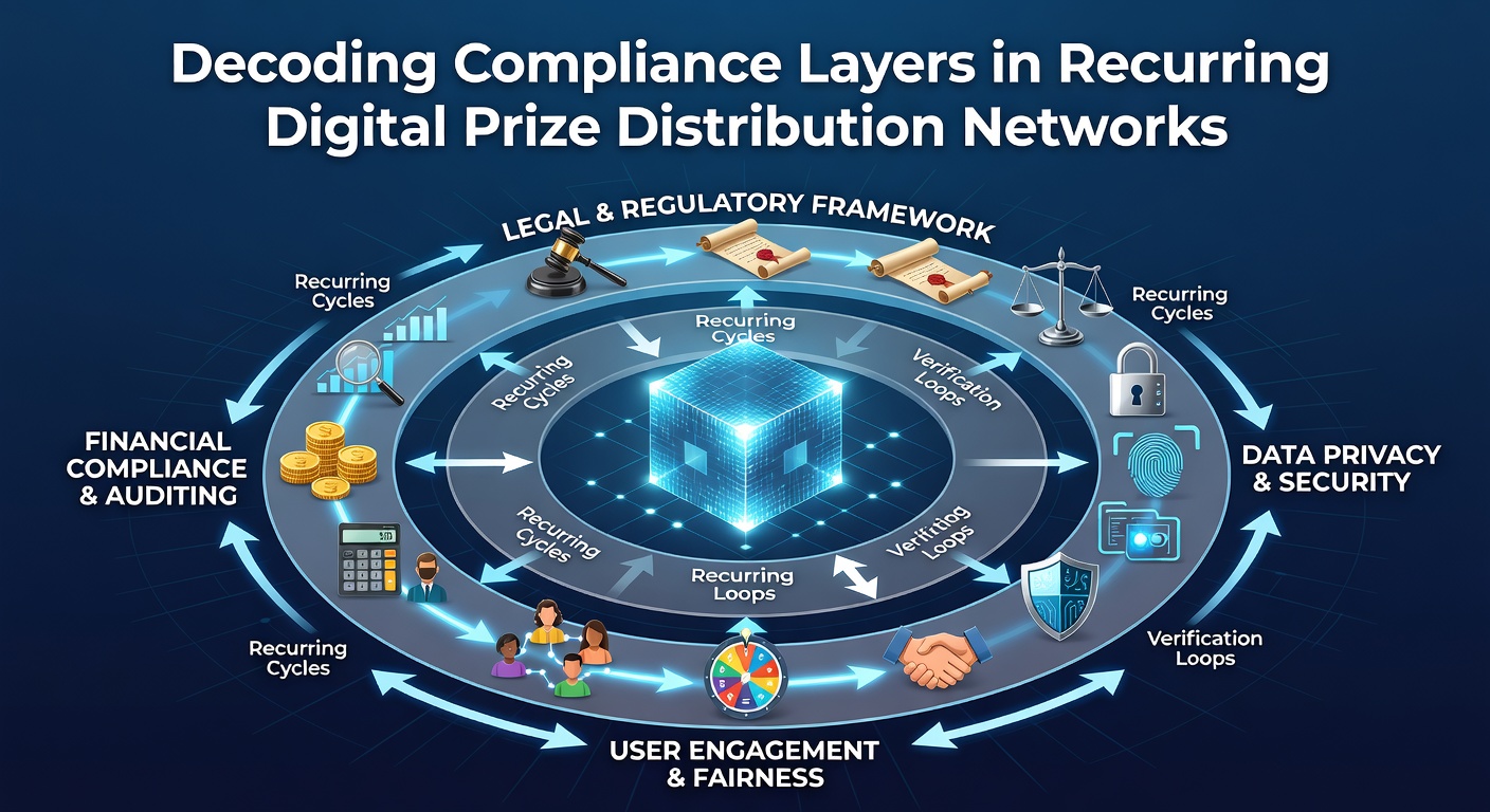 Diagram illustrating layered compliance protocols in digital prize networks with verification checkpoints and data flow arrows