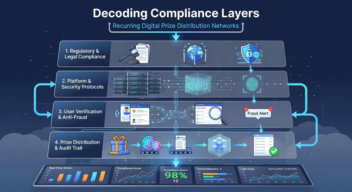 Flowchart showing interconnected compliance layers including entry validation, privacy controls, and payout reporting in digital networks