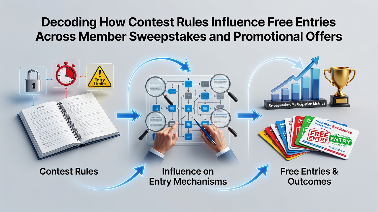 Illustration showing contest rules documents alongside entry forms for sweepstakes and promotional offers