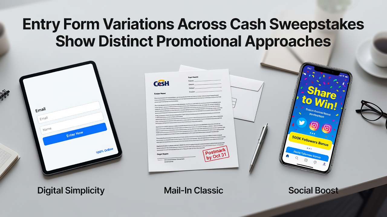 Varied cash sweepstakes entry forms displayed on digital screens showing single-page versus multi-step designs