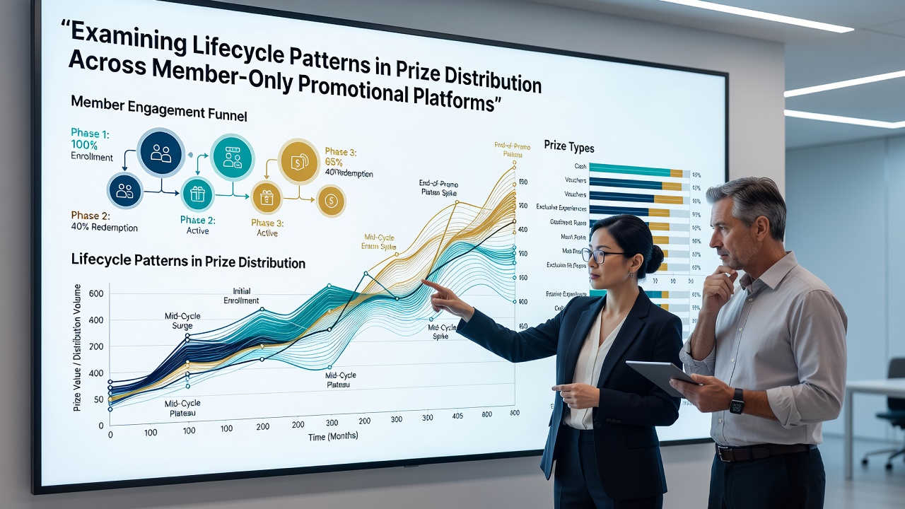 Charts showing prize entry volumes and distribution timelines on member-only platforms over multiple quarters