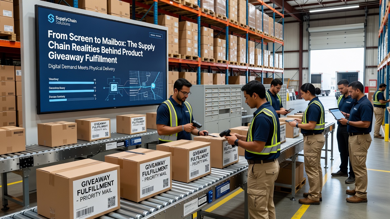 A fulfillment warehouse worker scanning packages for sweepstakes prize shipments