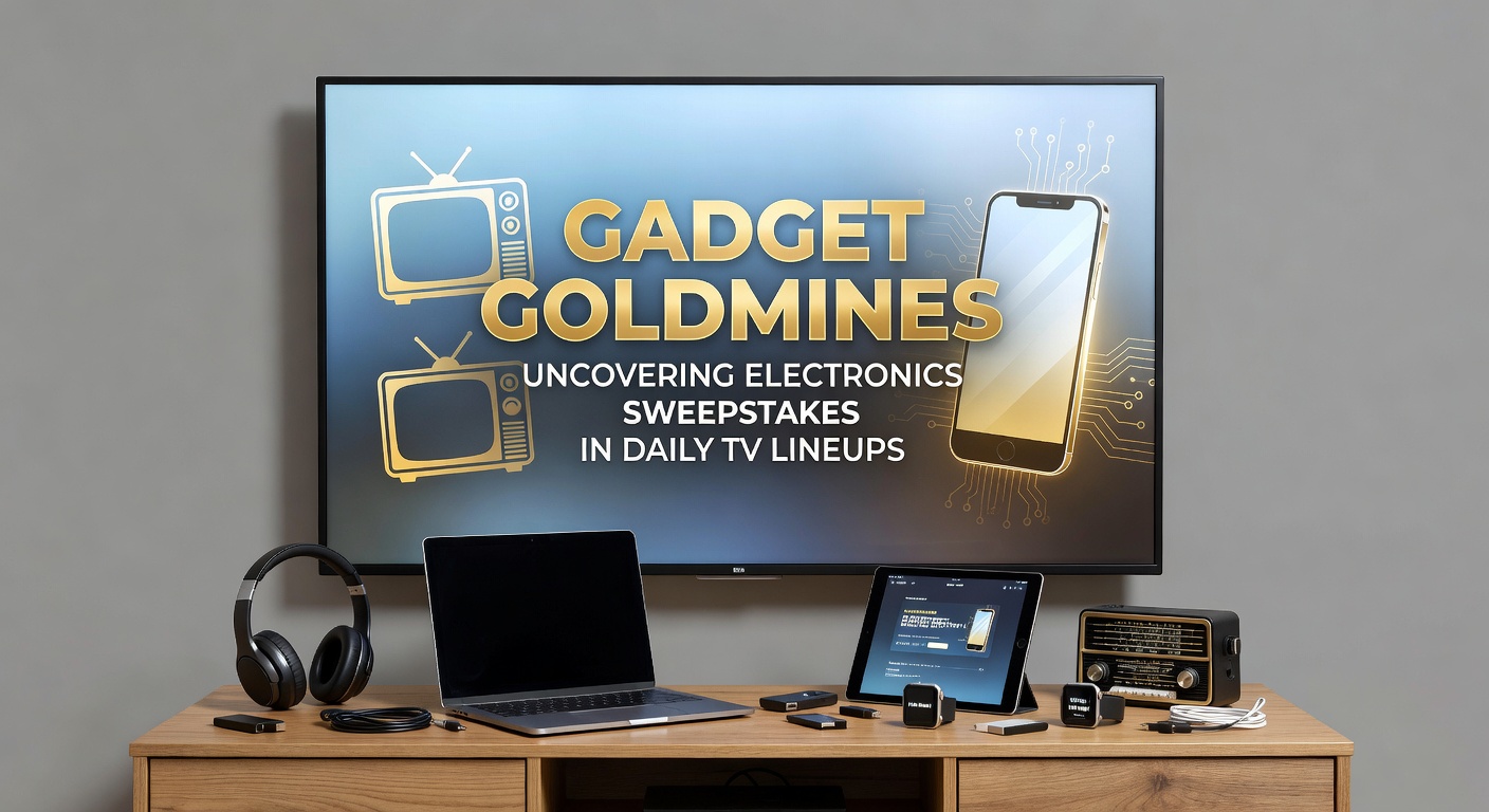 Vibrant TV screen displaying a flashy electronics sweepstakes ad with gadgets like smartphones and laptops piled high, urging viewers to enter now