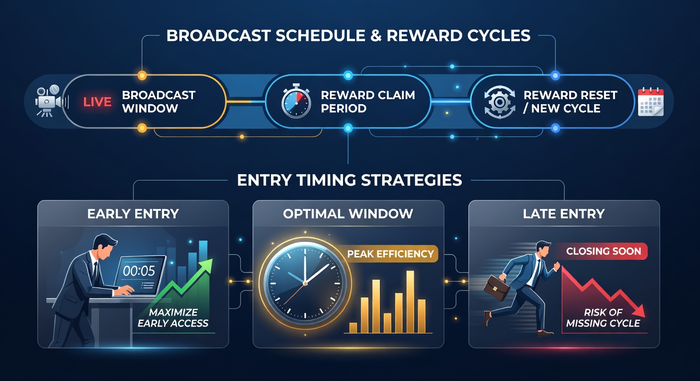 Broadcast schedule patterns displayed on a television screen with entry timing indicators for recurring reward cycles