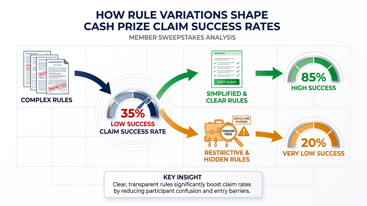 Chart displaying cash prize claim success percentages alongside different rule variation categories in member sweepstakes