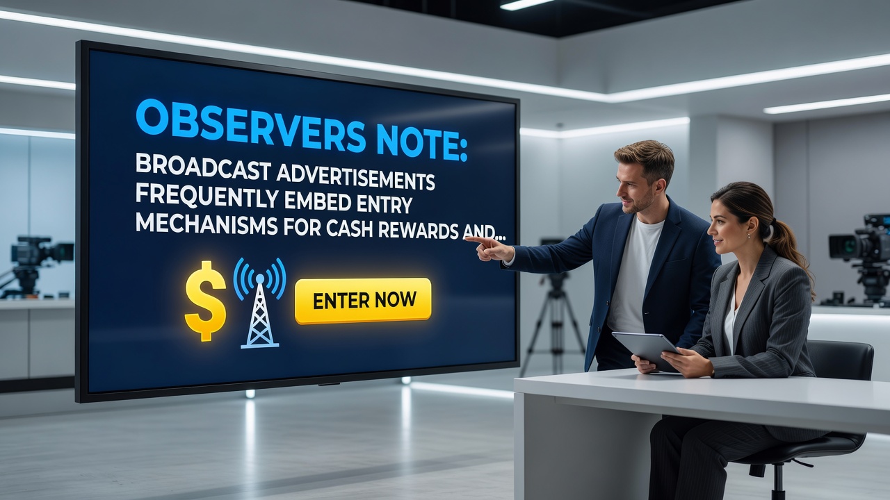 Close-up view of a television screen showing contest entry instructions and deadline information during a commercial