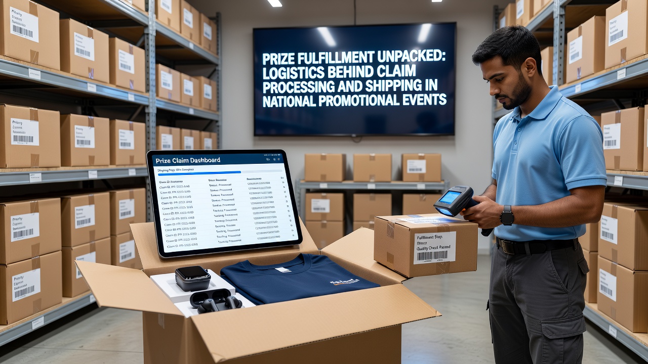 Logistics team reviewing prize claim documents and shipping labels at a fulfillment center