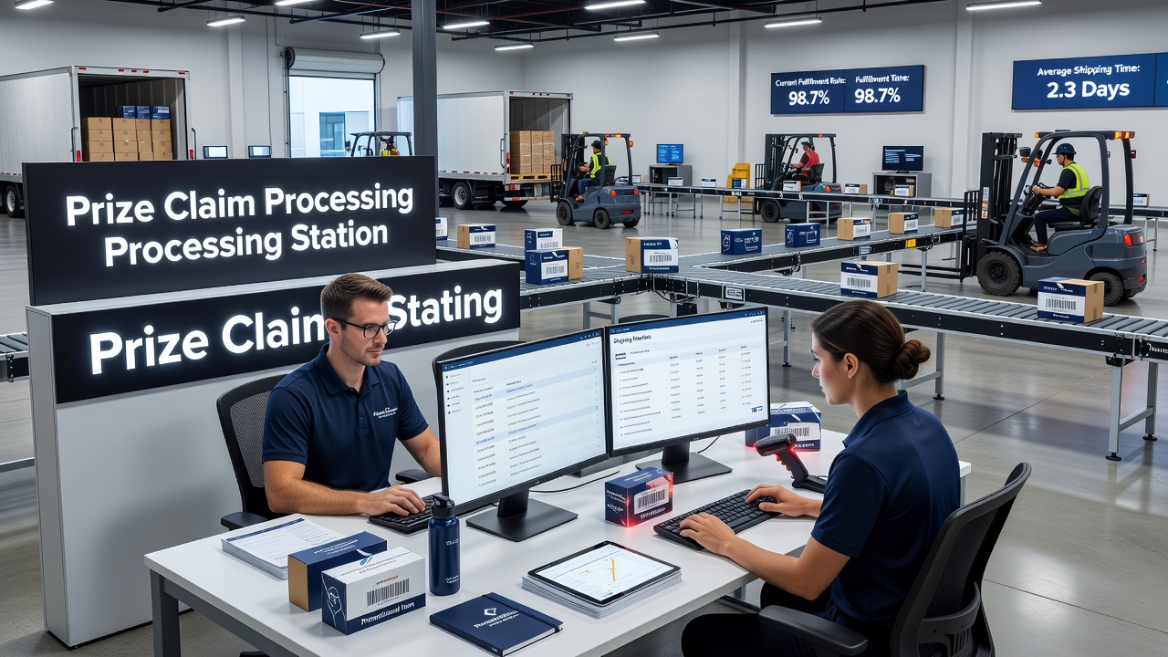 Warehouse staff preparing large prize packages for national shipping with barcode scanning