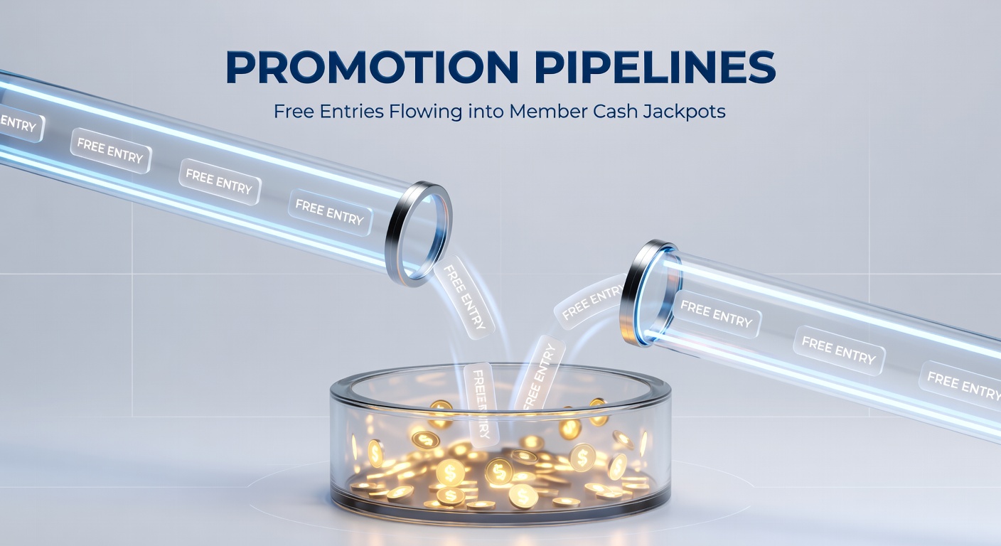 Visual representation of free entry streams converging into glowing cash jackpot pools for members