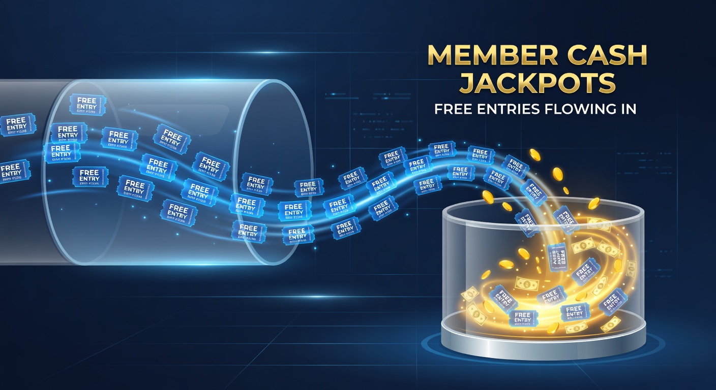 Diagram showing free entries branching into member jackpot streams with cash icons accumulating