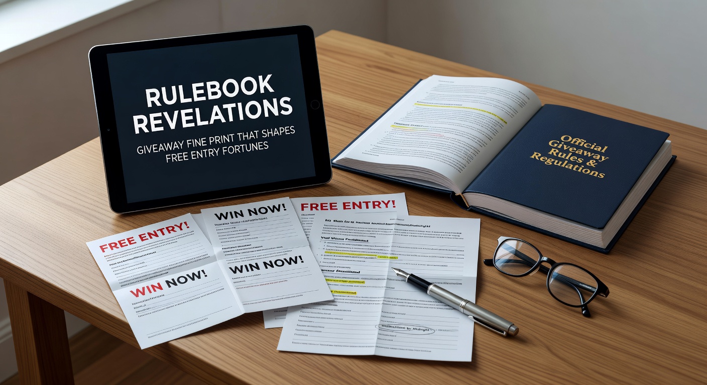 Magnifying glass revealing hidden details in sweepstakes rules document, highlighting key fine print clauses