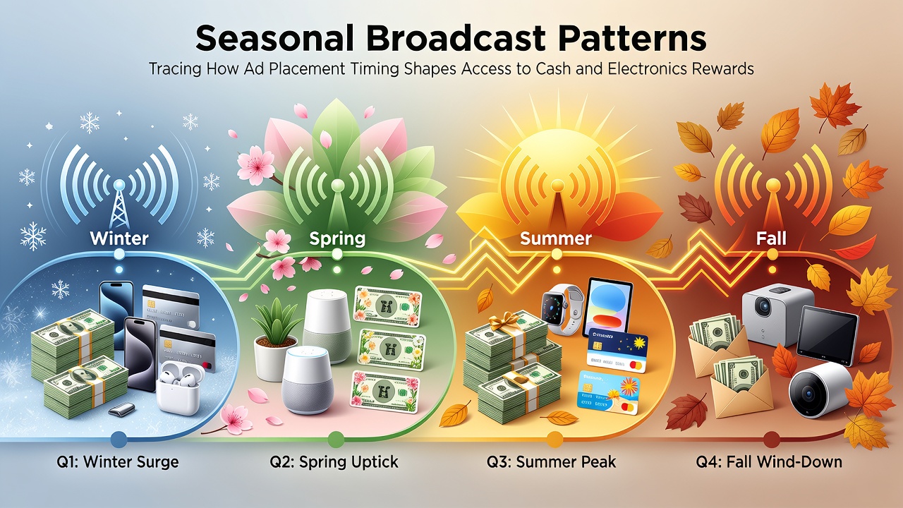 Seasonal broadcast patterns showing TV ad placements for cash and electronics sweepstakes across different months