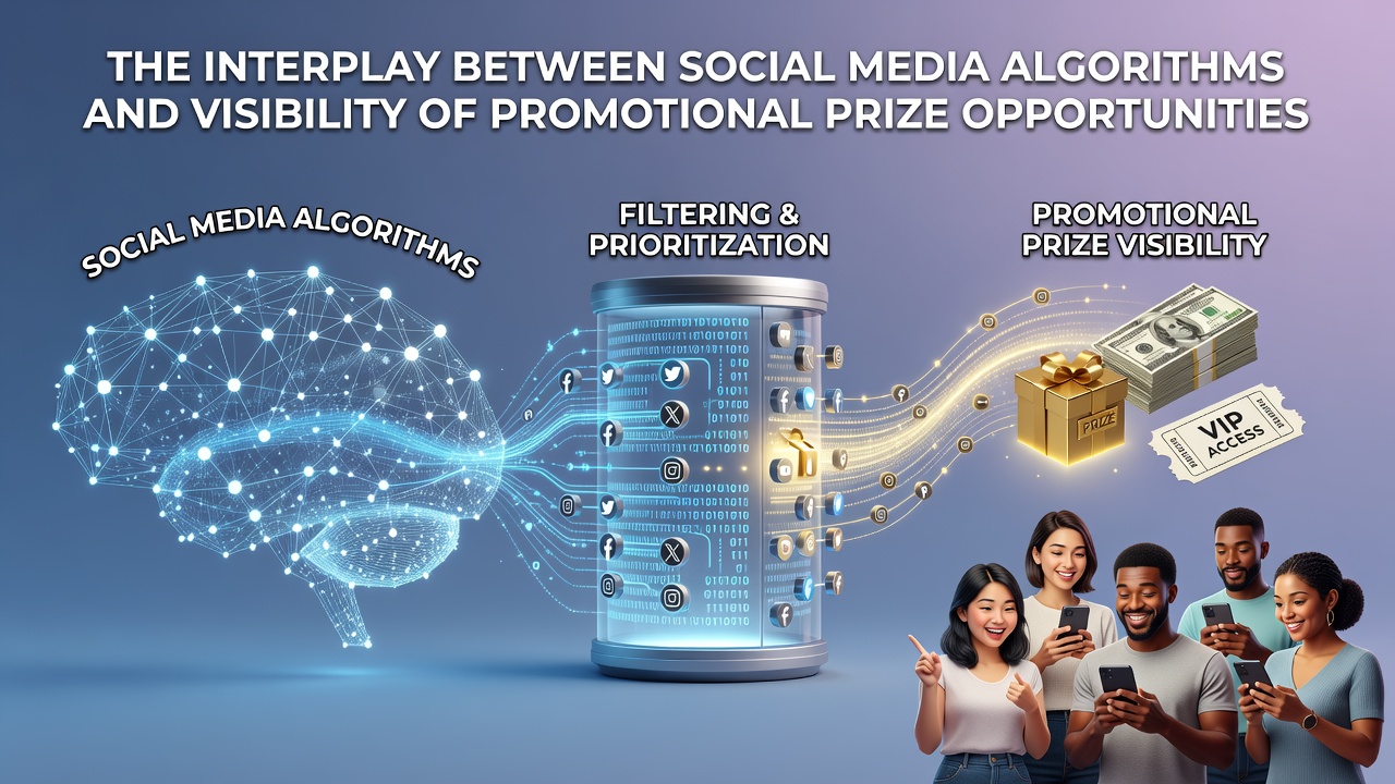 Visual representation of social media algorithm processes influencing prize promotion visibility across digital platforms