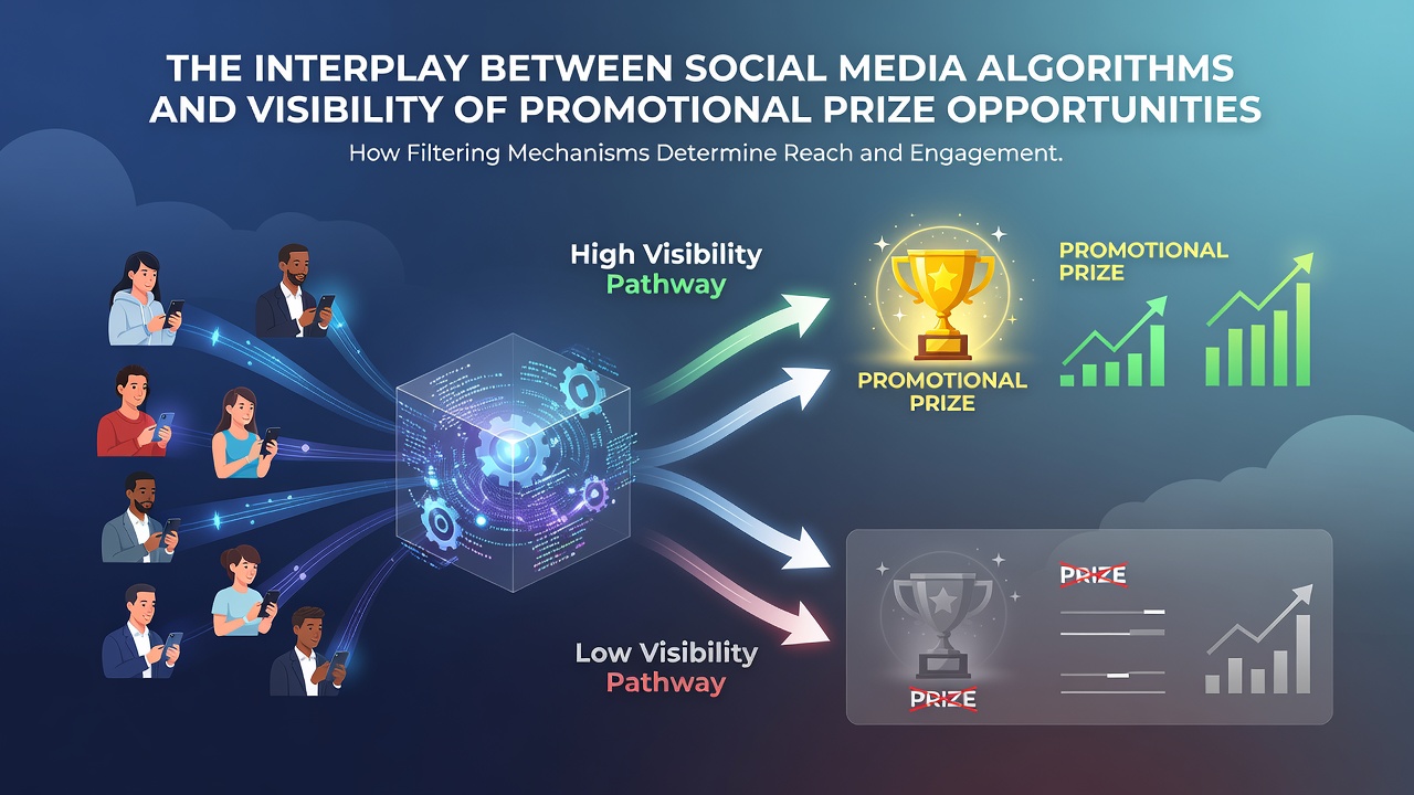 Diagram illustrating algorithmic pathways connecting promotional content to user visibility in sweepstakes and giveaway contexts