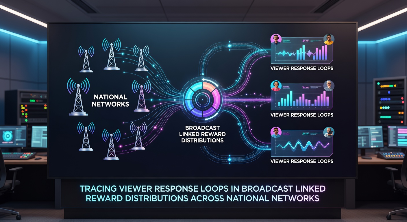 Flowchart detailing data pathways from viewer entries to reward allocations across broadcast networks