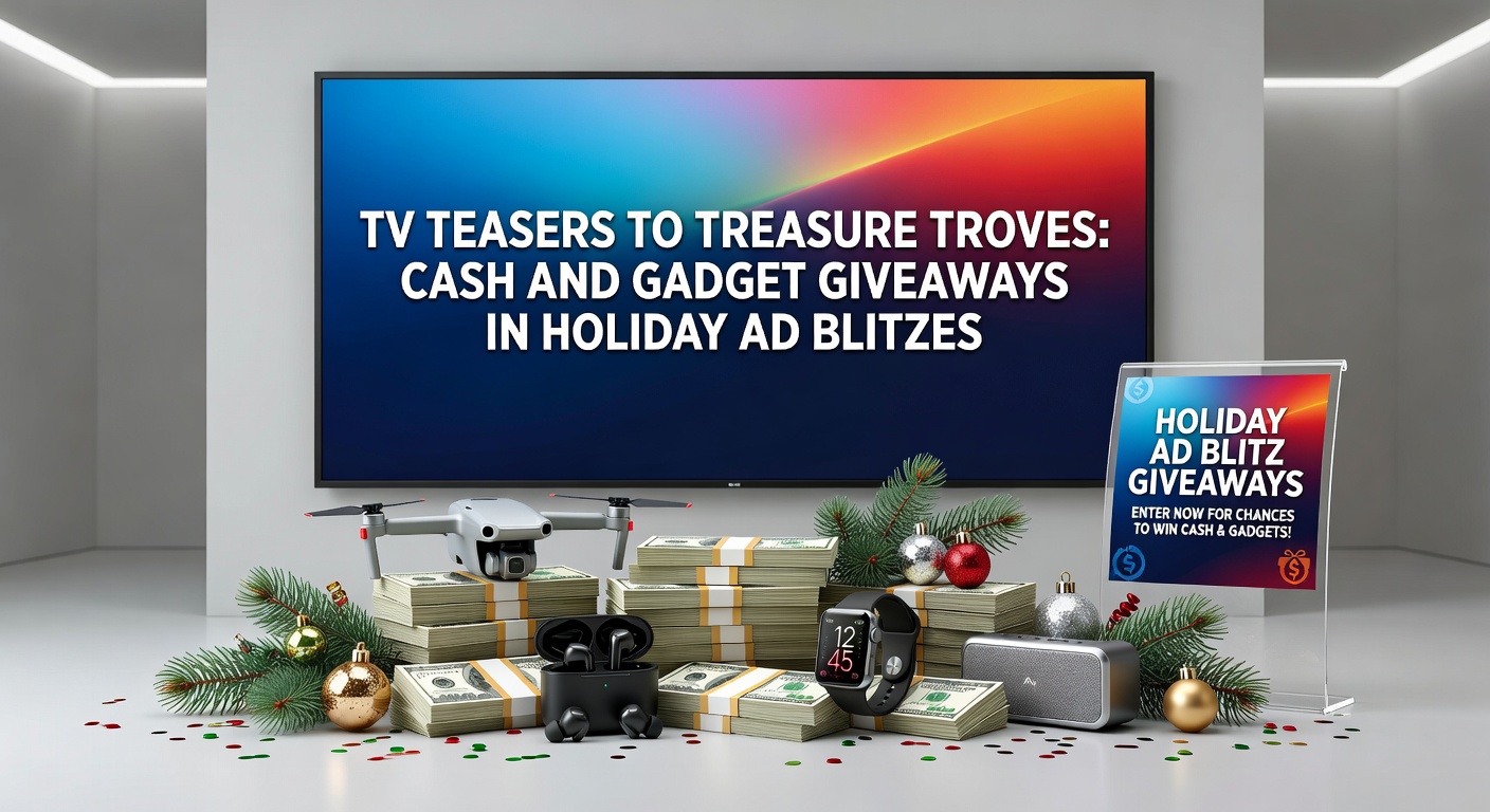 Vibrant holiday TV screen showing a flashy ad with cash stacks and gadgets amid festive lights and confetti, teasing major sweepstakes prizes