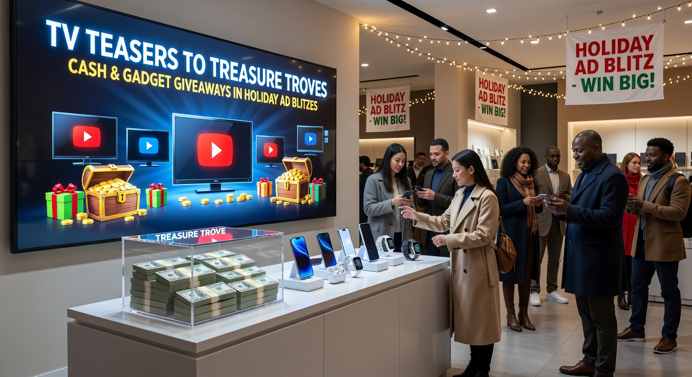 Close-up of a family excitedly watching a holiday TV ad on their couch, with smartphones in hand ready to enter the on-screen cash and gadget sweepstakes giveaway
