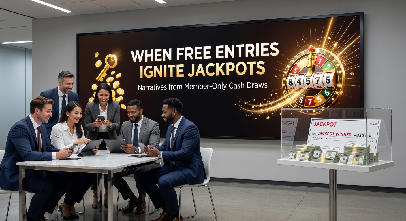 Group of diverse online sweepstakes members on screens, entering free cash draws with jackpot counters ticking upward in the background